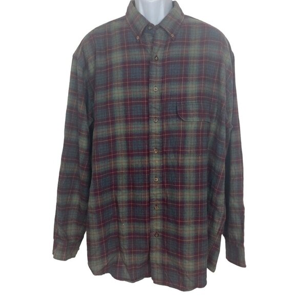 Eddie Bauer Flannel Shirt Mens Large Tall Red Green Plaid Button Down Cotton - Picture 1 of 6